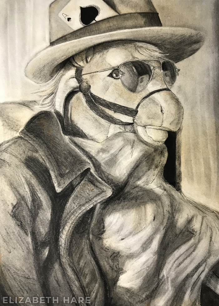 A drawing of a horse wearing sunglasses.